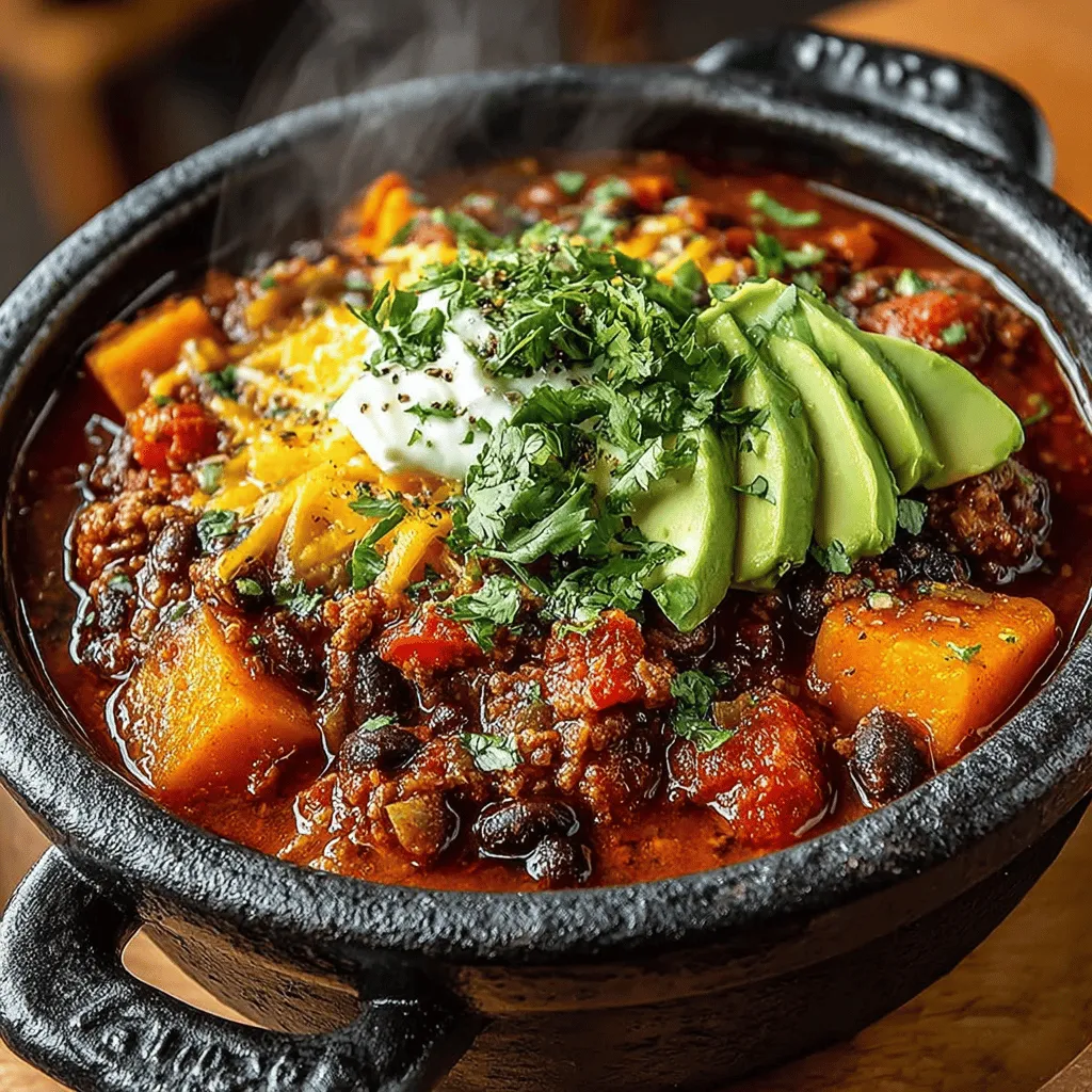 The right blend of spices can make or break a chili, and this recipe is no exception. For our Hearty Slow Cooker Turkey and Sweet Potato Chili, we recommend using <strong>two tablespoons of chili powder</strong>, which provides the essential warmth and depth. Alongside this, add <strong>one teaspoon each of cumin, smoked paprika, and oregano</strong>. These spices not only contribute to the flavor profile but also elevate the aroma of your dish as it cooks. Season with <strong>salt and black pepper</strong> to taste, adjusting according to your preference. This combination creates a robust flavor that balances the sweetness of the sweet potatoes with the savory notes of the turkey.” /></p>
</p>
<h2>Spices</h2>
</p>
<p>The right blend of spices can make or break a chili, and this recipe is no exception. For our Hearty Slow Cooker Turkey and Sweet Potato Chili, we recommend using <strong>two tablespoons of chili powder</strong>, which provides the essential warmth and depth. Alongside this, add <strong>one teaspoon each of cumin, smoked paprika, and oregano</strong>. These spices not only contribute to the flavor profile but also elevate the aroma of your dish as it cooks. Season with <strong>salt and black pepper</strong> to taste, adjusting according to your preference. This combination creates a robust flavor that balances the sweetness of the sweet potatoes with the savory notes of the turkey.</p>
</p>
<h2>Optional Toppings</h2>
</p>
<p>One of the joys of chili is the ability to customize it with a variety of toppings. After your chili has finished cooking, consider adding some optional toppings to enhance your dish further. Here are some delicious suggestions:</p>
</p>
<p>– <strong>Chopped Cilantro</strong>: Fresh cilantro adds a burst of freshness and a pop of color.</p>
<p>– <strong>Creamy Avocado</strong>: Sliced or diced avocado brings a rich creaminess that complements the chili’s flavors.</p>
<p>– <strong>Shredded Cheese</strong>: A sprinkle of sharp cheddar or Monterey Jack cheese adds a melty, savory layer.</p>
<p>– <strong>Zesty Lime Wedges</strong>: A squeeze of lime juice brightens up the dish, providing a refreshing contrast to the chili’s richness.</p>
</p>
<p>Feel free to mix and match these toppings according to your taste preferences!</p>
</p>
<h2>Preparation Steps for Hearty Chili Bliss</h2>
</p>
<p>Now that you have your ingredients ready, it’s time to prepare your chili. The beauty of this recipe lies in its simplicity and the slow cooker’s magic, which allows you to set it and forget it while it transforms into a delicious meal.</p>
</p>
<h3>Step 1: Prep Your Ingredients</h3>
</p>
<p>Start by prepping your ingredients. Begin by peeling and dicing the sweet potatoes into small, bite-sized cubes to ensure even cooking. Next, chop the onion and bell pepper into small pieces, and mince the garlic. This preparation may take a little time, but it’s essential for ensuring that all ingredients cook evenly and flavors meld beautifully.</p>
</p>
<h3>Step 2: Sauté the Turkey (Optional)</h3>
</p>
<p>If you prefer a bit more flavor depth, you can sauté the ground turkey in a skillet over medium heat until it’s browned and no longer pink, which usually takes about 5-7 minutes. Browning the meat adds a savory depth to the dish, as caramelization enhances its flavor. If you’d like a more hands-off approach, you can add the raw ground turkey directly to the slow cooker and let it cook alongside the other ingredients. This method is perfectly fine and saves you an extra step.</p>
</p>
<h3>Step 3: Combine Ingredients in the Slow Cooker</h3>
</p>
<p>Once your ingredients are prepped, it’s time to combine them in the slow cooker. Start by adding the diced sweet potatoes, black beans, kidney beans, and diced tomatoes (with their juices) to the slow cooker. If you opted to sauté the ground turkey, add it here as well. Then, toss in the diced onion, minced garlic, and chopped bell pepper.</p>
</p>
<h3>Step 4: Add Broth and Spices</h3>
</p>
<p>Now, pour in the vegetable or chicken broth, which will provide the necessary liquid for cooking and create a flavorful base for your chili. Next, add your spices: chili powder, cumin, smoked paprika, oregano, salt, and black pepper. Stir everything together well to ensure all the ingredients are coated in the spices and broth. This mixing is crucial to integrate all the flavors evenly throughout the dish.</p>
</p>
<h3>Step 5: Set the Slow Cooker</h3>
</p>
<p>Cover your slow cooker and set it to cook on low for <strong>6-8 hours</strong> or on high for <strong>3-4 hours</strong>. The goal is for the sweet potatoes to become tender and for the flavors to meld together beautifully during the cooking process. As it simmers, your kitchen will be filled with the rich, warm aromas of the chili, making it hard to wait for mealtime!</p>
</p>
<h2>Tips & Tricks for the Perfect Chili</h2>
</p>
<p>Creating the perfect chili is an art, and here are a few tips to elevate your dish:</p>
</p>
<h3>Adjust the Heat</h3>
</p>
<p>If you like your chili with a bit of a kick, consider adding diced jalapeños or a dash of cayenne pepper to the mix. This can enhance the flavor profile and add a delightful spiciness. Conversely, if you prefer a milder flavor, you can reduce the amount of chili powder or omit any spicy additions.</p>
</p>
<h3>Experiment with Beans</h3>
</p>
<p>While black and kidney beans are classic choices in chili recipes, feel free to experiment with other types of beans such as pinto beans or chickpeas for a different texture and taste. Each type of bean brings its own unique flavor and consistency, making your chili even more interesting.</p>
</p>
<h3>Add Veggies</h3>
</p>
<p>Want to boost the nutritional value of your chili? Toss in additional vegetables like corn, zucchini, or spinach for extra flavor and vitamins. These vegetables not only enhance the chili’s nutritional profile but also add color and texture, making each bowl visually appealing and satisfying.</p>
</p>
<h3>Let It Sit</h3>
</p>
<p>If you have the time, let your chili sit for a few hours after cooking. This resting period allows the flavors to deepen and meld together, resulting in an even tastier dish. Reheating the chili before serving can intensify the flavors further.</p>
</p>
<h3>Store Leftovers Properly</h3>
</p>
<p>If you have leftovers, store them in an airtight container in the refrigerator for up to 4 days. Chili also freezes exceptionally well, making it a great make-ahead meal. Just be sure to let it cool completely before transferring it to a freezer-safe container. When you’re ready to enjoy it again, simply thaw it in the refrigerator overnight and reheat it on the stovetop or in the microwave.</p>
</p>
<h2>Serving Suggestions</h2>
</p>
<p>As you prepare to serve your hearty slow cooker turkey and sweet potato chili, consider pairing it with some delicious accompaniments that will complement the dish beautifully. Here are a few serving suggestions:</p>
</p>
<p>– <strong>Crusty Bread or Cornbread</strong>: Serve your chili with warm crusty bread or cornbread for dipping. The bread helps soak up the rich, flavorful broth and adds a satisfying texture to your meal.</p>
<p>– <strong>Rice or Quinoa</strong>: For a heartier option, serve the chili over a bed of cooked rice or quinoa. This adds a wholesome element to the dish and makes it even more filling.</p>
<p>– <strong>Salad</strong>: A fresh green salad with a light vinaigrette can provide a crisp contrast to the warmth of the chili, balancing flavors and textures on your plate.</p>
</p>
<h2>Conclusion</h2>
</p>
<p>This Hearty Slow Cooker Turkey and Sweet Potato Chili is not just a meal; it’s a warm embrace on a chilly day. With its rich flavors, nutritious ingredients, and customizable toppings, it’s a recipe that can easily become a staple in your household. Whether you’re meal prepping for the week or hosting a gathering, this chili is sure to impress.</p>
</p>
<p>Don’t hesitate to experiment with the spices, beans, and additional vegetables to make it uniquely yours. We hope you enjoy making and sharing this comforting dish with family and friends. Grab your slow cooker, and let the fragrant aromas fill your home — your taste buds will thank you!</p>
</div>