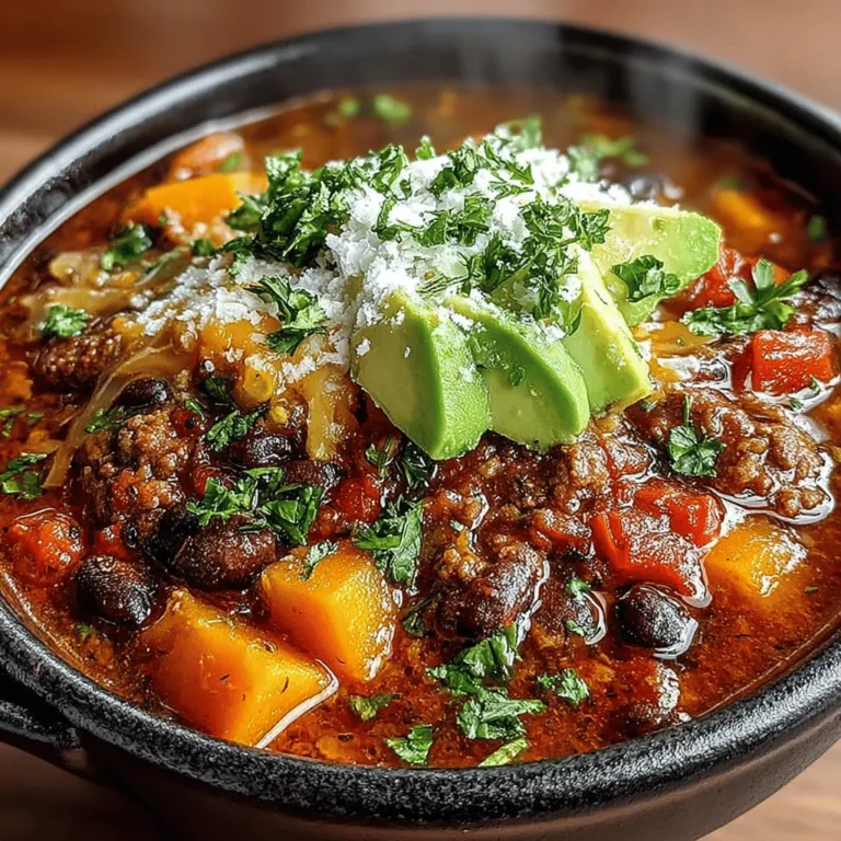 The right blend of spices can make or break a chili, and this recipe is no exception. For our Hearty Slow Cooker Turkey and Sweet Potato Chili, we recommend using two tablespoons of chili powder, which provides the essential warmth and depth. Alongside this, add one teaspoon each of cumin, smoked paprika, and oregano. These spices not only contribute to the flavor profile but also elevate the aroma of your dish as it cooks. Season with salt and black pepper to taste, adjusting according to your preference. This combination creates a robust flavor that balances the sweetness of the sweet potatoes with the savory notes of the turkey.