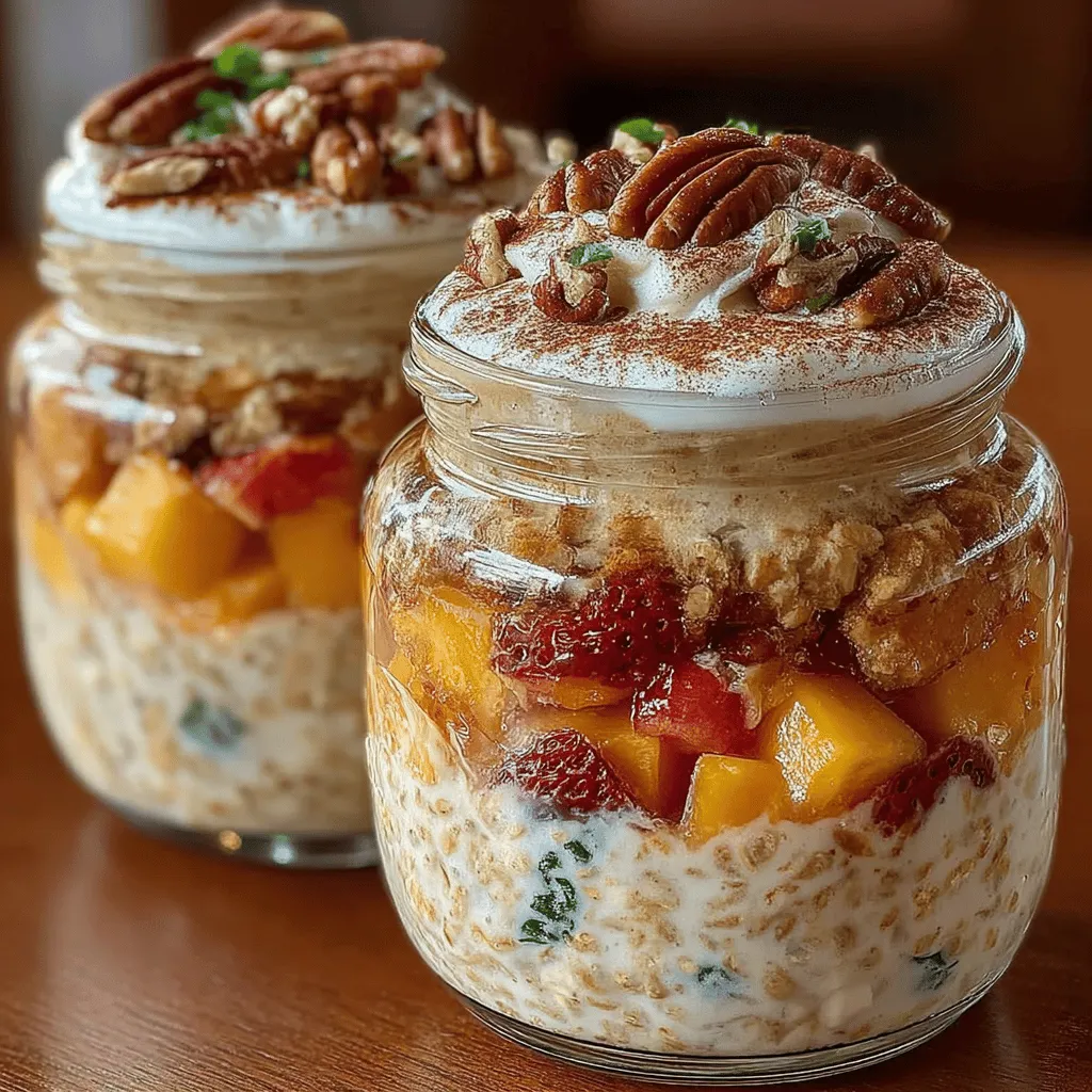 To transform your overnight oats into a delightful Peach Cobbler experience, start by gently folding in the diced peaches. Ensure that the peaches are ripe and sweet for the best flavor. If you want to add a creamy texture and a protein boost, consider mixing in Greek yogurt at this stage. This addition not only enhances the creaminess but also provides beneficial probiotics that support gut health.