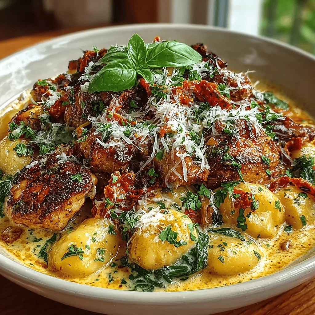 - <strong>½ cup (50g), grated</strong>: This adds a salty, nutty finish to your dish, enhancing the overall flavor profile.” /></p>
</p>
<h2>Parmesan Cheese</h2>
<p>– <strong>½ cup (50g), grated</strong>: This adds a salty, nutty finish to your dish, enhancing the overall flavor profile.</p>
</p>
<h2>Fresh Basil</h2>
<p>– <strong>For garnish</strong>: Fresh basil provides an aromatic touch, elevating the presentation and flavor of your creamy Tuscan chicken gnocchi.</p>
</p>
<h2>Preparing the Dish</h2>
</p>
<p>Now that we have our ingredients ready, let’s get cooking! This recipe is not only delicious but also simple enough to whip up on a busy weeknight.</p>
</p>
<h3>Step 1: Cook the Gnocchi</h3>
<p>Start by bringing a large pot of salted water to a boil. Carefully add the gnocchi and cook according to the package instructions, which usually takes about <strong>2-3 minutes</strong>. You’ll know they’re ready when they float to the surface. This indicates that the gnocchi are cooked through. Once cooked, drain them in a colander and set aside.</p>
</p>
<h3>Step 2: Sauté the Chicken</h3>
<p>Next, in a large skillet, heat <strong>2 tablespoons of olive oil</strong> over medium heat. While the oil is heating, season the chicken pieces with salt and pepper. Once the oil is shimmering, add the seasoned chicken to the skillet. Sauté for about <strong>5-7 minutes</strong> until they turn golden brown and are cooked through. You want the chicken to have a nice sear for added flavor. After cooking, remove the chicken from the skillet and set it aside. This will allow the flavors to develop in the pan, which will enhance your sauce.</p>
</p>
<h3>Step 3: Create the Creamy Sauce</h3>
<p>In the same skillet, add <strong>3 cloves of minced garlic</strong> and sauté for about <strong>1 minute</strong> until it becomes fragrant. This step is crucial as it releases the essential oils of the garlic, which enhances the overall flavor of the dish. Next, pour in <strong>1 cup of chicken broth</strong> and <strong>1 cup of heavy cream</strong>, stirring well to combine. Allow the mixture to simmer for <strong>3-4 minutes</strong>, letting it thicken slightly. The creamy sauce is what makes this dish irresistible.</p>
</p>
<h3>Step 4: Add Vegetables and Seasoning</h3>
<p>Now it’s time to add the <strong>½ cup of sun-dried tomatoes</strong>, <strong>2 cups of fresh spinach</strong>, and <strong>1 teaspoon of Italian seasoning</strong> to the skillet. Cook for an additional <strong>2-3 minutes</strong> until the spinach wilts and everything is beautifully blended. The vibrant colors of the sun-dried tomatoes and spinach will make your dish visually appealing and appetizing.</p>
</p>
<h3>Step 5: Combine Chicken and Gnocchi</h3>
<p>Return the cooked chicken to the skillet along with the drained gnocchi. Gently toss everything together, ensuring the gnocchi and chicken are well-coated in the creamy sauce. Mix in the <strong>½ cup of grated Parmesan cheese</strong>, allowing it to melt and create a rich, velvety consistency. Stir for another <strong>1-2 minutes</strong> until everything is heated through and well combined.</p>
</p>
<h3>Step 6: Final Touches</h3>
<p>Finally, taste your dish and adjust the seasoning as needed. You may want to add a pinch more salt, pepper, or even a sprinkle of red pepper flakes for a bit of heat. Serve the dish hot, garnished with fresh basil for an extra pop of flavor and color. The basil not only enhances the dish’s aesthetic but also adds a fresh note that perfectly complements the creamy sauce.</p>
</p>
<h2>Tips & Tricks for the Perfect Dish</h2>
<p>Creating the perfect Creamy Tuscan Chicken Gnocchi is all about the details. Here are some helpful tips to elevate your dish:</p>
</p>
<p>– <strong>Homemade Gnocchi</strong>: If you have the time, consider making your own gnocchi. It’s simpler than it sounds, and the flavor is unmatched! Homemade gnocchi can be light and fluffy, providing a delightful texture that pairs beautifully with the creamy sauce.</p>
</p>
<p>– <strong>Quality Ingredients</strong>: Use high-quality ingredients for the best results. Opt for fresh chicken breast, good-quality olive oil, and fresh spinach. The better the ingredients, the tastier your dish will be.</p>
</p>
<p>– <strong>Adjust for Dietary Needs</strong>: If you or your guests have dietary restrictions, feel free to substitute the heavy cream with a plant-based alternative, such as coconut cream or cashew cream. This will maintain the creaminess while catering to different diets.</p>
</p>
<p>– <strong>Add More Veggies</strong>: For a heartier dish, consider adding other vegetables such as mushrooms, bell peppers, or zucchini. Sauté them along with the garlic for added flavor and nutrition.</p>
</p>
<p>– <strong>Leftovers</strong>: If you have leftovers, store them in an airtight container in the refrigerator for up to 3 days. When reheating, add a splash of chicken broth or cream to loosen the sauce, as it may thicken in the fridge.</p>
</p>
<h2>Serving Suggestions</h2>
<p>Creamy Tuscan Chicken Gnocchi is versatile and can be served in a variety of ways. Here are some delightful serving suggestions:</p>
</p>
<p>– <strong>With a Side Salad</strong>: Pair your creamy gnocchi with a light side salad. A simple arugula and cherry tomato salad with a lemon vinaigrette complements the richness of the dish beautifully.</p>
</p>
<p>– <strong>Garlic Bread</strong>: Serve with warm garlic bread to soak up the extra creamy sauce. The combination of flavors will leave your guests wanting more.</p>
</p>
<p>– <strong>Wine Pairing</strong>: Enjoy this dish with a glass of white wine, such as Chardonnay or Pinot Grigio. The acidity in the wine balances the creaminess of the sauce, enhancing the overall dining experience.</p>
</p>
<p>– <strong>Reheating Tips</strong>: If you plan on making this dish ahead of time, it reheats wonderfully. Just add a little extra cream or broth when warming it up to maintain its creamy texture.</p>
</p>
<h2>Conclusion</h2>
<p>Creamy Tuscan Chicken Gnocchi is not just a meal; it’s an experience. The combination of tender chicken, pillowy gnocchi, and a rich, velvety sauce makes this dish perfect for any occasion, whether it’s a weeknight dinner or a special gathering with friends and family. With its straightforward preparation and delightful flavors, it’s sure to become a favorite in your recipe rotation.</p>
</p>
<p>Don’t hesitate to try this recipe today! Gather your ingredients, follow the steps, and savor the comforting taste of this Italian-inspired dish. Your taste buds will thank you, and your loved ones will be asking for seconds. Enjoy this culinary journey to Italy right from your kitchen!</p>
</div>