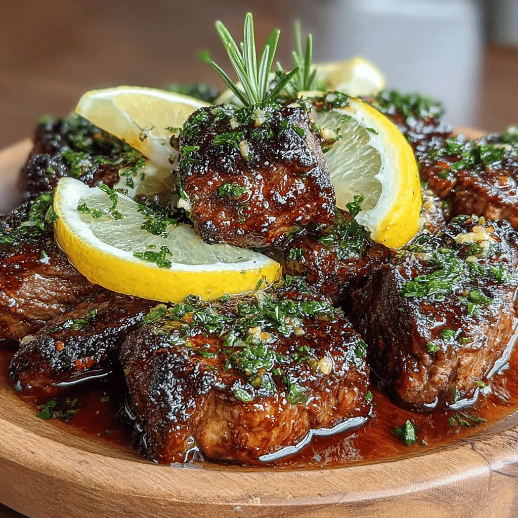 <strong>Understanding the Appeal of Steak Bites</strong>” /></p>
</p>
<h2>Crafting the Perfect Garlic Butter</h2>
</p>
<h3>Step-by-Step Guide to Preparing the Garlic Butter</h3>
</p>
<p>Creating the perfect garlic butter is essential for enhancing the flavor of your steak bites. Here’s how to make it from scratch:</p>
</p>
<p>1. <strong>Gather Your Ingredients</strong>: You will need unsalted butter (1/2 cup), fresh garlic (4-5 cloves), chopped fresh parsley (2 tablespoons), salt (to taste), and freshly cracked black pepper (to taste).</p>
</p>
<p>2. <strong>Soften the Butter</strong>: Take the butter out of the refrigerator about 30 minutes before you begin. It should be softened but not melted. This will make it easier to mix with the garlic and herbs.</p>
</p>
<p>3. <strong>Mince the Garlic</strong>: Peel the garlic cloves and finely mince them. The finer the mince, the more flavor you will extract during cooking.</p>
</p>
<p>4. <strong>Combine Ingredients</strong>: In a mixing bowl, combine the softened butter, minced garlic, chopped parsley, salt, and pepper. Using a fork or a spatula, mix until all ingredients are well combined.</p>
</p>
<p>5. <strong>Taste and Adjust</strong>: Taste your garlic butter and adjust the seasoning as necessary. If you want a more intense garlic flavor, feel free to add an extra clove or two.</p>
</p>
<p>6. <strong>Chill</strong>: Transfer the butter mixture onto a piece of parchment paper, roll it into a log shape, and refrigerate until firm. This will make it easier to slice and serve later.</p>
</p>
<h3>Importance of Cooking Garlic to the Right Doneness</h3>
</p>
<p>When cooking steak bites, the garlic butter will play a crucial role in flavor. Cooking garlic requires attention to avoid burning, which can yield a bitter taste. As the butter melts in the pan or on the grill, add the garlic only when the butter is hot but not smoking. Cooking the garlic should take about 1-2 minutes until it becomes fragrant and slightly golden. This step ensures that the garlic infuses the butter without overpowering the dish.</p>
</p>
<h2>Grilling Techniques for Perfectly Cooked Steak</h2>
</p>
<h3>Tips on Preheating the Grill</h3>
</p>
<p>To achieve steak bites that are perfectly seared and juicy, preheating your grill is crucial. Here are some tips:</p>
</p>
<p>1. <strong>Clean the Grates</strong>: Start with a clean grill to prevent sticking and ensure even cooking. Use a grill brush to scrub the grates.</p>
</p>
<p>2. <strong>Heat the Grill</strong>: Preheat your grill to high heat (about 450-500°F). If using a charcoal grill, let the coals burn until they are covered with white ash, indicating they are ready.</p>
</p>
<p>3. <strong>Oil the Grate</strong>: Before placing the steak on the grill, lightly oil the grates using a paper towel dipped in vegetable oil. This additional step helps create a non-stick surface.</p>
</p>
<h3>Techniques for Achieving the Desired Level of Doneness</h3>
</p>
<p>Cooking steak to the perfect doneness requires both technique and attention. Here’s how to do it:</p>
</p>
<p>1. <strong>Use a Meat Thermometer</strong>: This is the most accurate way to check doneness. For medium-rare, aim for an internal temperature of 130-135°F; for medium, 140-145°F; and for medium-well, 150-155°F.</p>
</p>
<p>2. <strong>Grill in Batches</strong>: If you have a lot of steak bites, grill them in batches to avoid overcrowding. This allows for better heat distribution and searing.</p>
</p>
<p>3. <strong>Sear and Flip</strong>: Sear the steak bites for about 2-3 minutes on one side before flipping them. After flipping, apply the garlic butter immediately to infuse the flavors into the meat.</p>
</p>
<p>4. <strong>Let Rest</strong>: Once the steak bites are cooked, remove them from the grill and let them rest for 5 minutes. This helps the juices redistribute within the meat, ensuring each bite is tender and flavorful.</p>
</p>
<h2>Serving Suggestions</h2>
</p>
<h3>Presenting Your Steak Bites</h3>
</p>
<p>Presentation can elevate your dish from simple to stunning. Here are some ideas for plating and garnishing:</p>
</p>
<p>1. <strong>Use a Platter</strong>: Serve the steak bites on a large platter for a communal feel. Arrange them in a single layer, allowing guests to easily pick them up.</p>
</p>
<p>2. <strong>Garnish with Fresh Herbs</strong>: Scatter some freshly chopped parsley or chives over the steak bites for a pop of color and added flavor.</p>
</p>
<p>3. <strong>Include Lemon Wedges</strong>: Serve with lemon wedges on the side. The acidity of the lemon balances the richness of the garlic butter and brings out the flavors of the steak.</p>
</p>
<h3>Pairing Options</h3>
</p>
<p>To create a well-rounded meal, consider these side dishes and beverage pairings:</p>
</p>
<p>1. <strong>Side Dishes</strong>:</p>
<p>– <strong>Garlic Mashed Potatoes</strong>: Creamy mashed potatoes infused with garlic pairs well with the richness of steak.</p>
<p>– <strong>Grilled Vegetables</strong>: Asparagus, bell peppers, and zucchini lightly brushed with olive oil and grilled make for a vibrant side.</p>
<p>– <strong>Caesar Salad</strong>: The crisp romaine lettuce and creamy dressing provide a refreshing contrast to the steak bites.</p>
</p>
<p>2. <strong>Beverage Pairings</strong>:</p>
<p>– <strong>Red Wine</strong>: A bold Cabernet Sauvignon or a fruity Merlot complements the flavors of the steak beautifully.</p>
<p>– <strong>Craft Beer</strong>: An amber ale or stout offers a rich, malty flavor that pairs nicely with grilled meats.</p>
<p>– <strong>Sparkling Water</strong>: For a non-alcoholic option, serve with sparkling water infused with lemon or mint to cleanse the palate.</p>
</p>
<h2>Health Considerations</h2>
</p>
<h3>Nutritional Overview</h3>
</p>
<p>When enjoying Sizzling Garlic Butter Steak Bites, it’s helpful to understand the nutritional profile:</p>
</p>
<p>– <strong>Calories</strong>: One serving (approximately 4 oz of steak bites) contains about 300-350 calories, depending on the cut of meat and the amount of butter used.</p>
<p>– <strong>Protein</strong>: Steak is an excellent source of protein, offering around 25-30 grams per serving, which is essential for muscle repair and overall health.</p>
<p>– <strong>Fats</strong>: The dish is rich in fats due to the butter, contributing to flavor but also caloric density. It’s important to enjoy this dish in moderation.</p>
</p>
<h3>Alternative Ingredients for Dietary Needs</h3>
</p>
<p>If you or your guests have dietary preferences or restrictions, consider the following substitutions:</p>
</p>
<p>1. <strong>For Health-Conscious Eaters</strong>:</p>
<p>– <strong>Lean Cuts</strong>: Opt for lean cuts of steak, such as sirloin or tenderloin, to reduce fat content.</p>
<p>– <strong>Butter Alternatives</strong>: Replace butter with olive oil or ghee for a healthier fat option.</p>
</p>
<p>2. <strong>For Dairy-Free Options</strong>:</p>
<p>– <strong>Dairy-Free Butter</strong>: Use a plant-based butter or oil blend to create a garlic flavor without dairy.</p>
<p>– <strong>Herb Marinade</strong>: For added flavor, marinate the steak in an herb mixture with lemon juice and garlic instead of using butter.</p>
</p>
<h2>Conclusion</h2>
</p>
<p>Sizzling Garlic Butter Steak Bites are more than just a meal; they represent a celebration of flavor and simplicity. By mastering this recipe, you can create a dish that is both indulgent and satisfying. The combination of marinated steak, aromatic garlic butter, and fresh herbs ensures a delightful culinary experience. Whether enjoyed at a family dinner or a casual gathering with friends, these steak bites are sure to leave a lasting impression. Embrace the rich flavors and enjoy the satisfaction of creating a dish that will have everyone coming back for more.</p>
</div>
